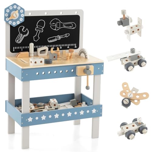 DREAMADE Werkbank Kinder, Werkzeugbank für Kinder aus Holz mit 61 Zubehör, Werkzeug Spielzeug Set mit Tafel & Uhr & Werkzeughalter, Werkbank für Kinder ab 3 Jahren (Blau) von DREAMADE