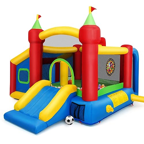 DREAMADE Aufblasbare Hüpfburg mit Rutsche/Fußballtor/Basketballkorb / 100 Bälle/Dart, Spielburg Outdoor, Castle Bouncer, Springburg für Kinder 3-10 Jahren, 380x305x215cm von DREAMADE