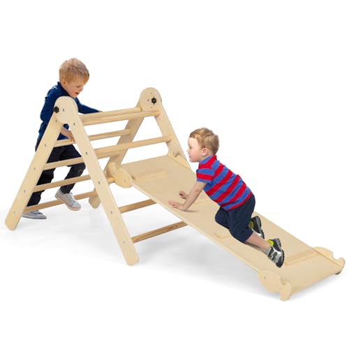 DREAMDE Montessori Klettergerüst Indoor, Holzdreieck Kletterspielzeug aus Holz, Kletterdreieck mit 2-seitiger Rutsche zum Rutschen und Klettern für Kinder ab 3 Jahren (Natur) von DREAMADE