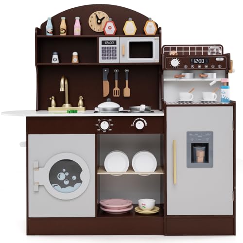 DREAMADE Kinderküche aus Holz mit Kaffeemaschine Eiswürfelmaschine Waschmaschine Mikrowelle, Kinder Küche Spielzeugküche, Spielküche mit 27 TLG. Zubehör für Kinder ab 3 (Braun) von DREAMADE