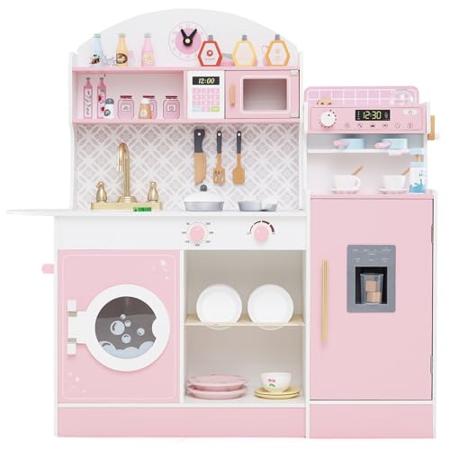 REAMADE Kinderküche aus Holz mit Kaffeemaschine Eiswürfelmaschine Waschmaschine Mikrowelle, Kinder Küche Spielzeugküche, Spielküche mit 27 TLG. Zubehör für Kinder ab 3 (Rosa) von DREAMADE