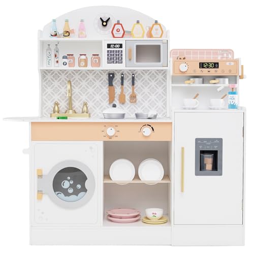 DREAMADE Kinderküche aus Holz mit Kaffeemaschine Eiswürfelmaschine Waschmaschine Mikrowelle, Kinder Küche Spielzeugküche, Spielküche mit 27 TLG. Zubehör für Kinder ab 3 (Weiß) von DREAMADE