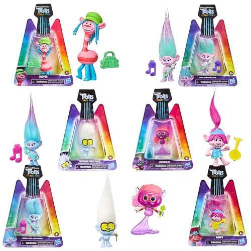 DREAMWORKS TROLLS World Tour Miniatur Figur mit Musikzubehör - 6 Stück - Mohn, Cooper, Tiny Diamond, Satin, Chenille & Meerjungfrau von DREAMWORKS TROLLS