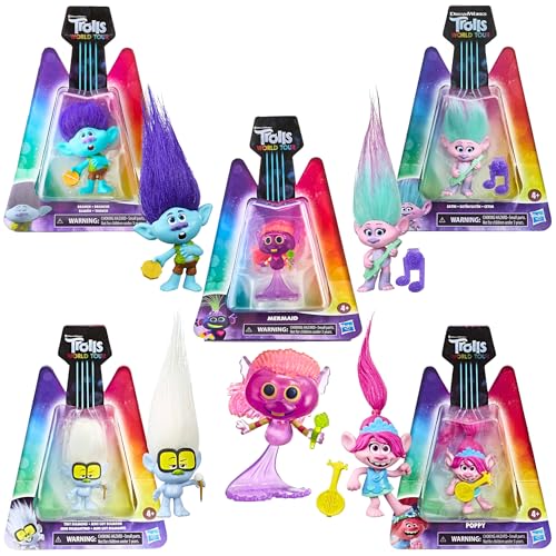 DREAMWORKS TROLLS World Tour Miniatur-Spielfigur mit Musikinstrument-Zubehör-Bundle – 5 Stück – Zweig, Satin, Meerjungfrau, winziger Diamant und Mohnblume von DREAMWORKS TROLLS