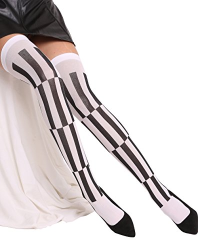 DRESS ME UP - BB-070-black&White Strümpfe Damenstrümpfe Overknees Halloween Schwarz Weiß Karo Streifen Druck Ska von DRESS ME UP