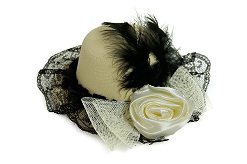 DRESS ME UP - Fascinator Miniatur Hut Mini Zylinder Beige Hellbraun Schwarz Damen Burlesque Feder H73 von DRESS ME UP