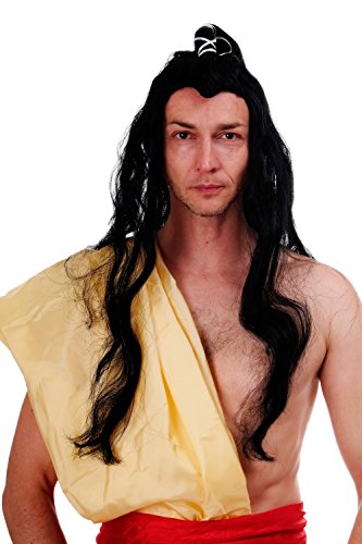 Wig ME UP - Perücke Karneval Fasching China Japan Kungfu Swordsman Samurai Ronin Wang Yu Langhaarig Zopf Schwarz - 140-PP103 von DRESS ME UP