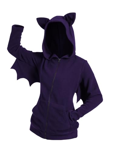 DRESSFO Damen 2024 Gothic-Halloween-Kostüm, Fledermaus-Fleece-Kapuzenjacke, Reißverschluss, Tier, Erwachsene, Cosplay, Vampir-Top (Concord/Medium) von DRESSFO