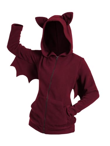 DRESSFO Damen 2024 Gothic-Halloween-Kostüm, Fledermaus-Fleece-Kapuzenjacke, Reißverschluss, Tier, Erwachsene, Cosplay, Vampir-Top (Dunkelrot/Klein) von DRESSFO