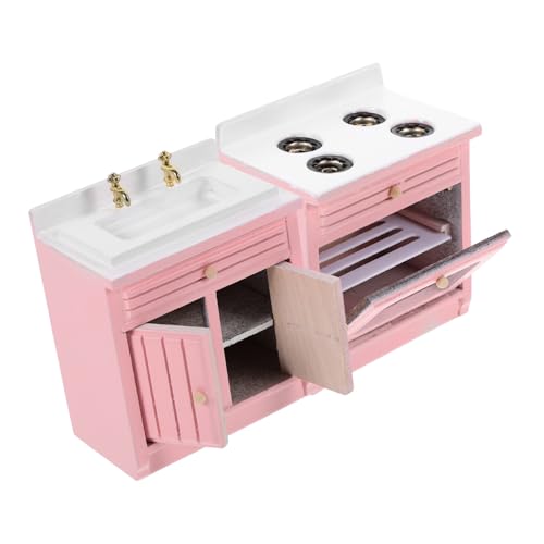 DRESSOOS 1 Set Mini Küchenzubehör Puppenhaus Zubehör Wassertrog Miniaturen Zum Dekorieren Von Puppenhaus Spüle Kochherd Stütze Küche Waschbecken Stütze Küchendeko Holz Rosa von DRESSOOS