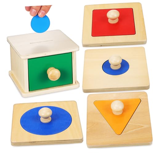 DRESSOOS 2er Set Montessori Für Kleinkinder Holz Münzbox Mit Bunten Münzen Und Geometrischen Puzzletafeln Ideales Lernspielzeug Für Babys Ab 1 Jahr Zur Von Motorik Und von DRESSOOS