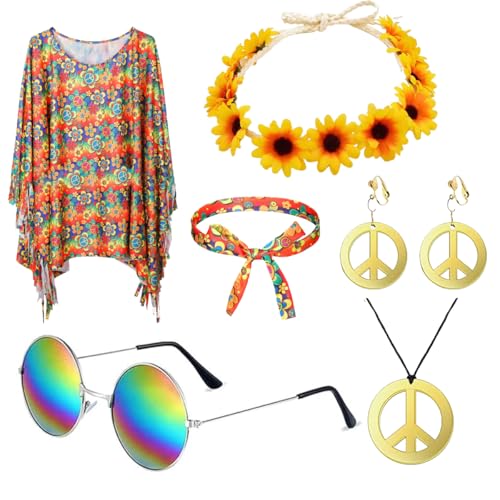 DRJCKOLOTH 70er Hippie Kostüm,Hippie-KostüM-Set für Damen,Tie Dye Poncho Blumen Stirnband Retro Sonnenbrille Frieden Zeichen Ohrringe Friedenszeichen Halskette, Disco Outfit Damen von DRJCKOLOTH