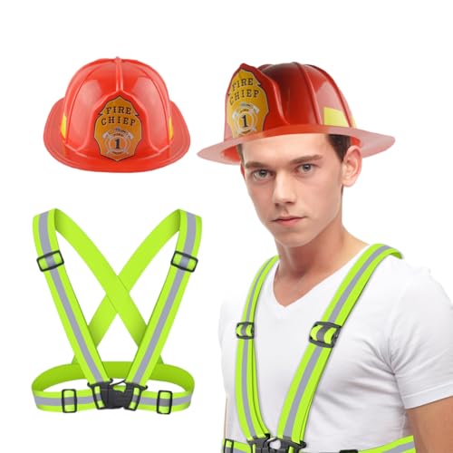 DRJCKOLOTH Feuerwehrhelm Für Erwachsene,Feuerwehrmann-Hut,Reflective Vest,Einstellbar Warnweste,Roter Helm Kopfbedeckung,Für Feuerwehrmann-Party-Kostüm von DRJCKOLOTH