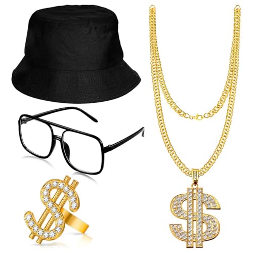 DRJCKOLOTH Hip Hop Kostüm Set,Hip Hop Punk Accessoires,Zuhälter Kostüm Set,Hip Hop Kostüm Accessories Set,Dollar Zeichen Ringe Sonnenbrille Set,Mottopartys Cosplay von DRJCKOLOTH