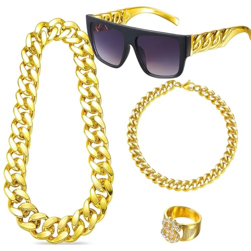 DRJCKOLOTH Hip Hop Kostüm Set,Hip Hop Punk Accessoires,Zuhälter Kostüm Set,Hip Hop Kostüm Accessories Set,Dollar Zeichen Ringe Sonnenbrille Set,Mottopartys Cosplay von DRJCKOLOTH