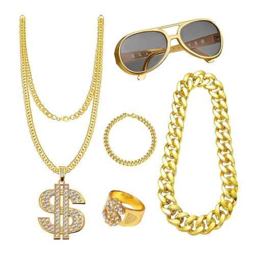 DRJCKOLOTH Hip Hop Kostüm Set,Hip Hop Punk Accessoires,Zuhälter Kostüm Set,Hip Hop Kostüm Accessories Set,Dollar Zeichen Ringe Sonnenbrille Set,Mottopartys Cosplay von DRJCKOLOTH