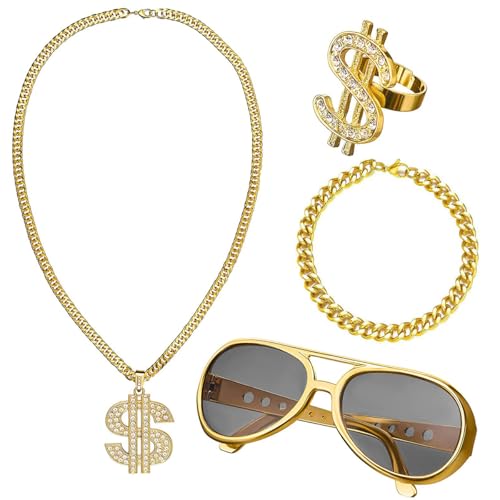 DRJCKOLOTH Hip Hop Kostüm Set,Hip Hop Punk Accessoires,Zuhälter Kostüm Set,Hip Hop Kostüm Accessories Set,Dollar Zeichen Ringe Sonnenbrille Set,Mottopartys Cosplay von DRJCKOLOTH