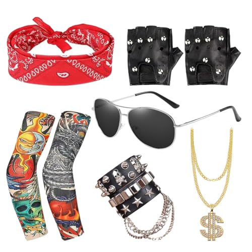 DRJCKOLOTH Hip Hop Kostüm Set,Hip Hop Punk Accessoires,Zuhälter Kostüm Set,Hip Hop Kostüm Accessories Set,Dollar Zeichen Ringe Sonnenbrille Set,Mottopartys Cosplay von DRJCKOLOTH