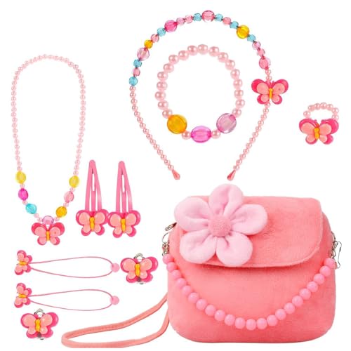 DRJCKOLOTH Mädchen Süße Plüsch Handtasche,8 Stück Kinder Schmuckset,Kinderschmuck Mädchen 3 Jahre,mit Halskette Armband Ring und Ohrring Schmuckset,Prinzessinnenpartys von DRJCKOLOTH