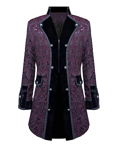 DRTES Herren Steampunk Mittelalter Jacke Viktorianischen Vampir Piraten Gehrock Kostüm (Wein, XX-Large) von DRTES