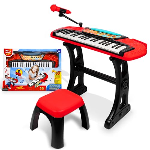 37 Tasten Klaviertastatur mit Hocker, Kinder Keyboard mit Ständer, Klavier Spielzeug elektronisch, Musikinstrument, Aufnahme- und Abspiel-Funktion, inkl. Mikrofon, Standkeyboard 58 cm Rot/Schwarz von DRULINE