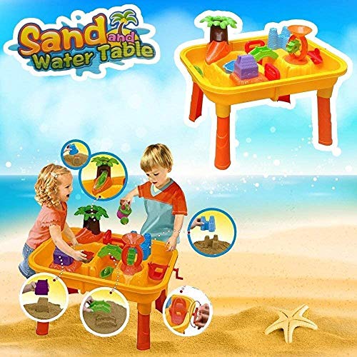 DRULINE Sand & Wasser Spieltisch Spielzeug Sandspieltisch Wasserspieltisch Buddeltisch Zubehör 2IN1inkl.Kinder Sandspielzeug ab 3 Jahren 67x42x39 cm (Gelb/Orange) 24 TLG von DRULINE