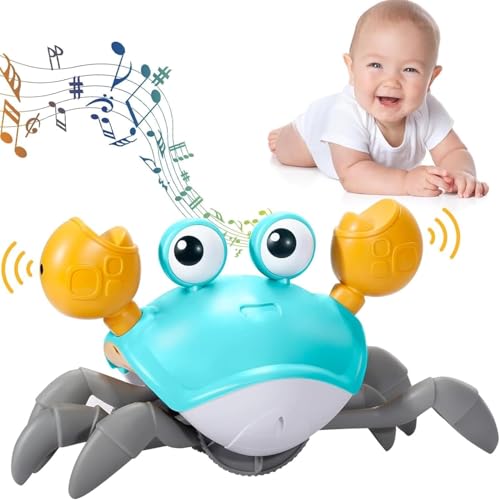 DSGKUU Krabbe Baby Spielzeug, verbessertes Geschenk ab 3–12 Monaten, leuchtende, laufende, tanzende & bewegliche Krabbe mit Musik und Hindernisvermeidung, Geschwindigkeitsregelung & Geräuschsteuerung von DSGKUU