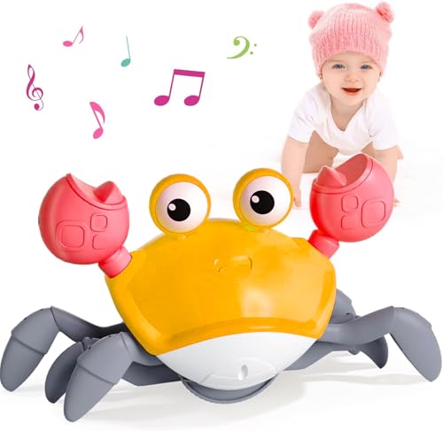 DSGKUU Krabbe Baby Spielzeug, verbessertes Geschenk ab 3–12 Monaten, leuchtende, laufende, tanzende & bewegliche Krabbe mit Musik und Hindernisvermeidung, Geschwindigkeitsregelung & Geräuschsteuerung von DSGKUU