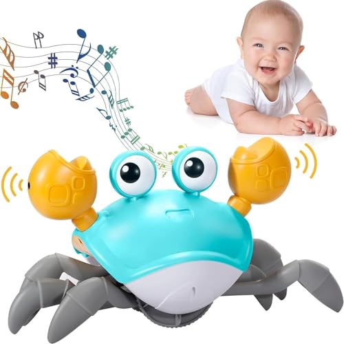 DSGKUU Krabbe Baby Spielzeug, verbessertes Geschenk ab 3–12 Monaten, leuchtende, laufende, tanzende & bewegliche Krabbe mit Musik und Hindernisvermeidung, Geschwindigkeitsregelung & Geräuschsteuerung von DSGKUU