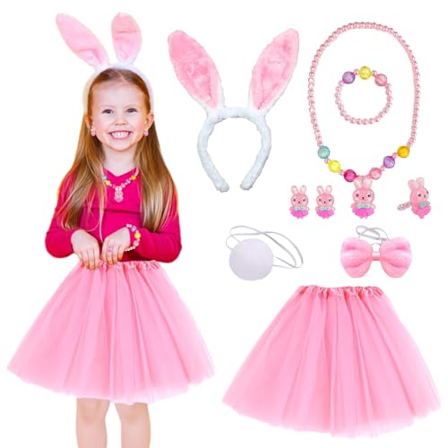 Hasenkostüm Mädchen 9 Stück,Cosplay Kostüm Kinder Mädchen,Rosa Rock Ballettrock,Hasenohren Mit Schleife Schwanz,Faschingskostüme Kinder Mädchen Party Zubehör Dekoration Mädchen Kostüm Cosplay Kostüm von DSTLWBCS