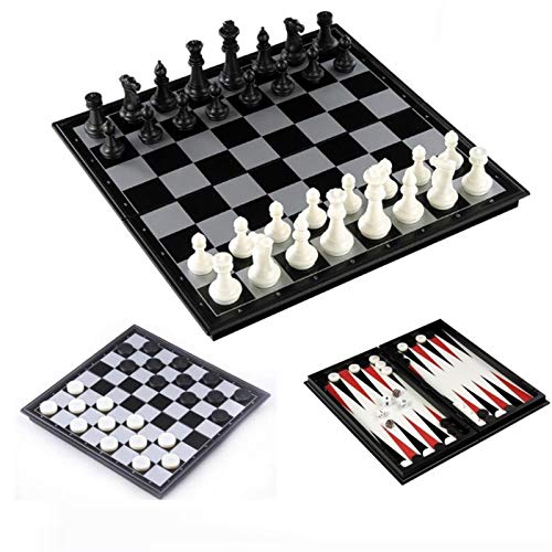 DSXUXU Internationales Schach und Dame und Backgammon 3-in-1-Schachspiel aus Kunststoff Reiseschachspiel Schachfiguren Klappschachbrettspielset Internationale Schachfiguren/32 * 32 * 2 cm von DSXUXU