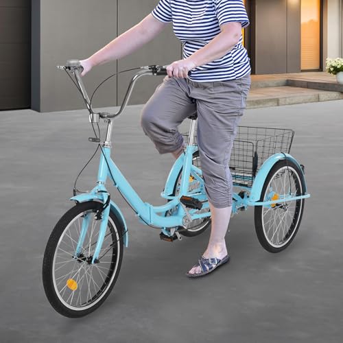 20 Zoll Dreirad für Erwachsene, DSYOGX Klappbar 3-Rad-Fahrrad Blau Dreiräder aus Stahl mit hohem Kohlenstoffgehalt Höhenverstellbar Dreiräder für Senioren, Männer, Frauen von DSYOGX