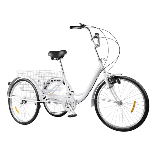 DSYOGX - Dreirad für Erwachsene, 24 Zoll Pedal Trikes, 6-Gang 3-Räder Dreiräder, ‎Fahrräder für Senioren mit Licht und Einkaufskorb, Max. Tragfähigkeit 120kg, Weiß von DSYOGX