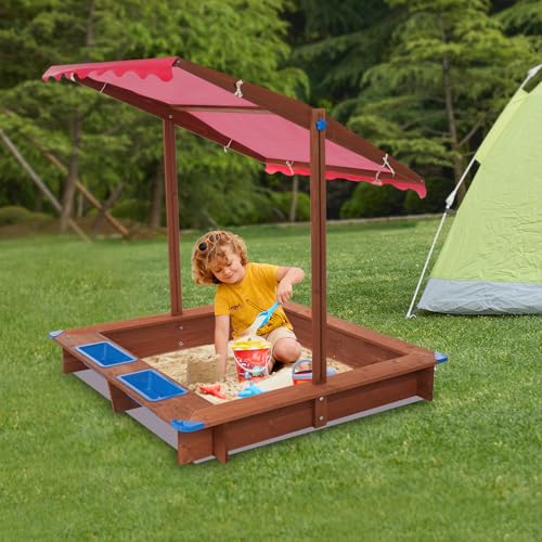 DSYOGX Sandkasten mit Dach, 126x121x118cm Holz Sandkasten Sandmuschel mit Deckel Kindersandkasten Holzsandkasten Sandkästen für Garten Hinterhöfe Strände für Kindern Alter von 3-14 Jahren (Rot Braun) von DSYOGX