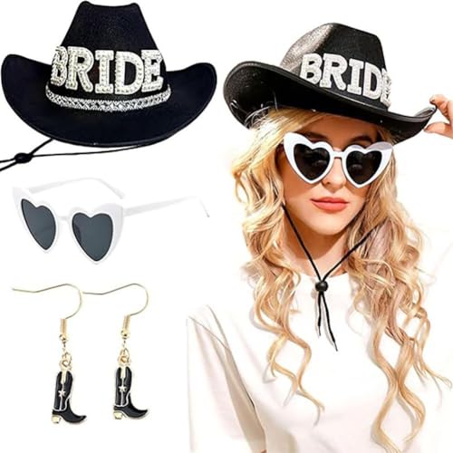 DTREELS Cowgirl-Hut mit Schleier, Cowboyhut, Sommer, Cowgirl-Hut mit langem Schleier, Kostüm, Herz, Ohrringe, Westernbrille von DTREELS