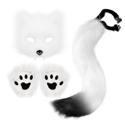 DTREELS Flauschiges Fellschwanz-Pfoten-Handschuhe und Wolfs-Therian-Masken-Set für Halloween-Kostüm, Masken-Sets Cosplay, Y0Z2 Zubehör von DTREELS