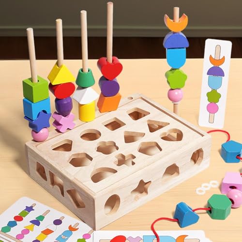 DTREELS Toys For 2 3 4 Year Old Kid Boy Toddler, Wooden Beads & Stacking Ma & Lacing Toy Beads Stacking Block Set, von DTREELS