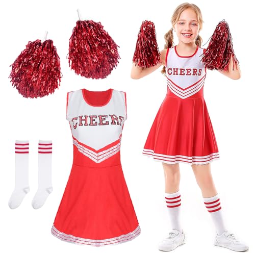 Cheerleader Kostüm Kinder, Cheerleadering Outfit Mädchen, Kostüm Pompom Girl, Mädchen Cheerleader Kostüm, Cheerleading Uniform mit 2 Pompoms und 2 Socken, für Karneval Maskerade Mottoparty(130) von DTXYBC