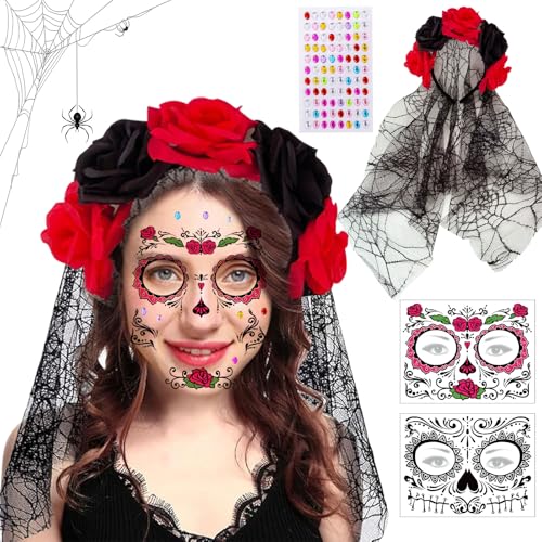 Halloween Tag der Toten Haarreif und Schleier Gesichtstattoo, Dia de los Muertos Mexikanische Stirnband, Rosen Totenkopf Kopfschmuck Haarband, Damen Kostüm Accessoires für Halloween Karneval Cosplay von DTXYBC