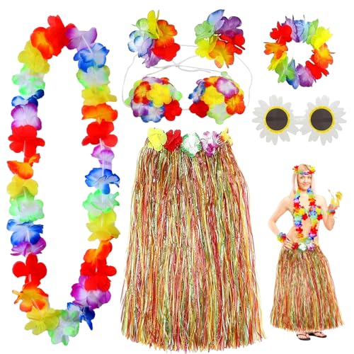 DTXYBC 7 Stück Hawaii Party Kostüm Set, Hawaiian Gras Rock Sets mit Halskette Armbänder Stirnband Blume BH und Ananas Sonnenbrille für Beachparty Deko Cheerleading Ostern von DTXYBC