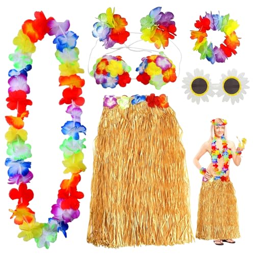 DTXYBC 7 Stück Hawaii Party Kostüm Set, Hawaiian Gras Rock Sets mit Halskette Armbänder Stirnband Blume BH und Ananas Sonnenbrille für Beachparty Deko Cheerleading Ostern von DTXYBC