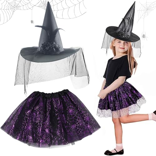 DTXYBC Hexenkostüm Kinder, Hexenkostüm mädchen, Lila Hexenrock mit Hexenhut, Halloween kostüm witch, für Karneval Fasching Maskerade Hexennacht Cosplay von DTXYBC