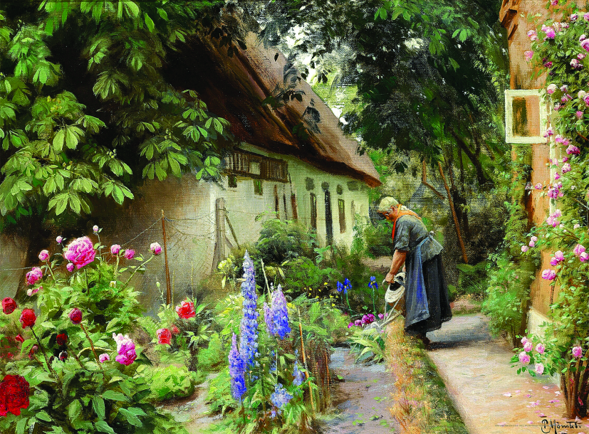 DToys Peder Mørk Mønsted - An Old Woman Watering the Flowers Behind a Thatched Farmhouse 1000 Teile Puzzle Dtoys-77646 von DToys