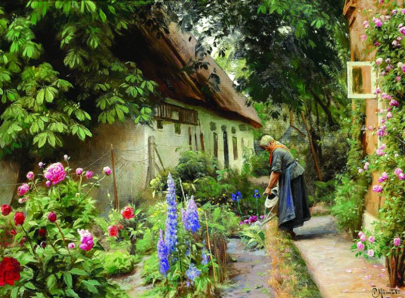 DToys Peder Mørk Mønsted - An Old Woman Watering the Flowers Behind a Thatched Farmhouse 1000 Teile Puzzle Dtoys-77646 von DToys