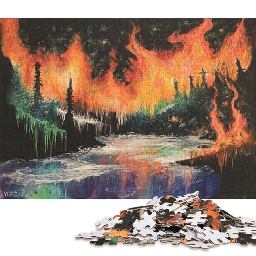 Öl Malerei Feuer Puzzle HolzKunst Premium Polarlichter Nordlichter Poster Puzzles Für Erwachsene Und Kinder Ab 13 Jahren 300pcs (40x28cm) von DUABELPHF