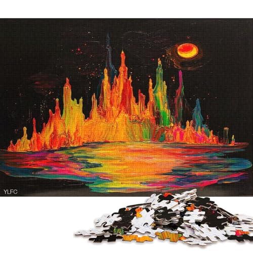 Öl Pastell Stil Zeichnung Zeigt Aurora Stadt Puzzle HolzKunst Premium Polarlichter Nordlichter Poster Puzzles Für Erwachsene Und Kinder Ab 13 Jahren 300pcs (40x28cm) von DUABELPHF