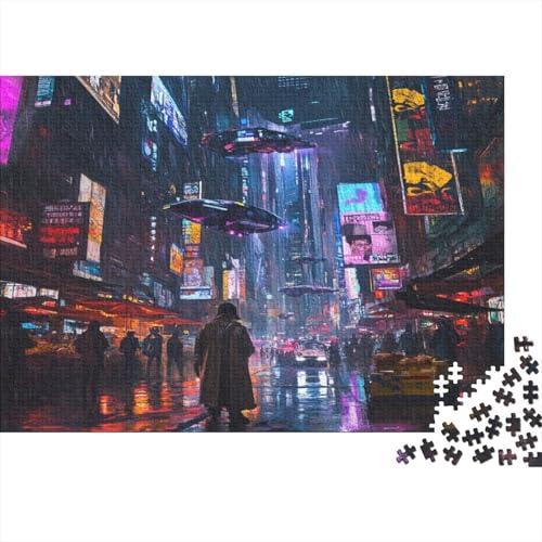 Stadtnachtszene Cityscape Puzzle HolzKunst Premium Fortgeschrittener Cyberpunk Kreativ Lustiges Puzzles Plakat Für Erwachsene Kinder 500pcs (52x38cm) von DUABELPHF