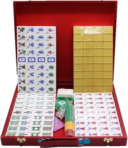 DUBTEDHOU Klassisches chinesisches Mahjong-Spiel-Set, Englischer Mahjong, großer Mahjong, Reise-Mahjong mit englischem Handbuch, Kristall-Mahjong-Fliesen aus China(Gold) von DUBTEDHOU