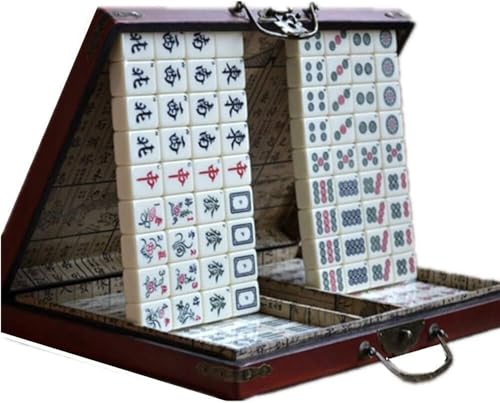 DUBTEDHOU Klassisches chinesisches Mahjong-Spiel-Set, Mahjong-Set, tragbar, antik, mit Holzkoffer, Reise-Familien-Mahjong von DUBTEDHOU