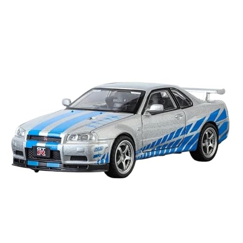 1 32 Für Nissan GTR R34 Skyline Supercar Diecast Automodell Realmodell Sound Und Licht Junge Spielzeug Druckgussmodelle Motorfahrzeuge(Silber) von DUEVEL